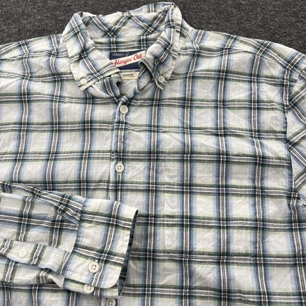 Johnnie O Button Down Shirt Mens M Checkered Plaid Pocket White Blue LS EUC
